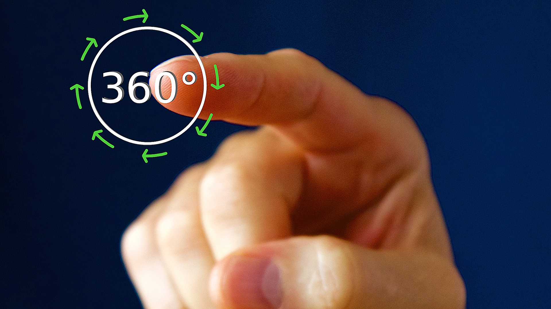 close up of a hand with the finger about to push a 360-degree perspective button