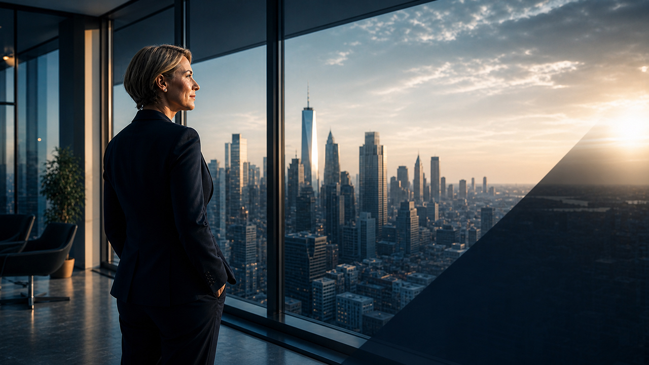 exectuive lookign out an office window at the horizon