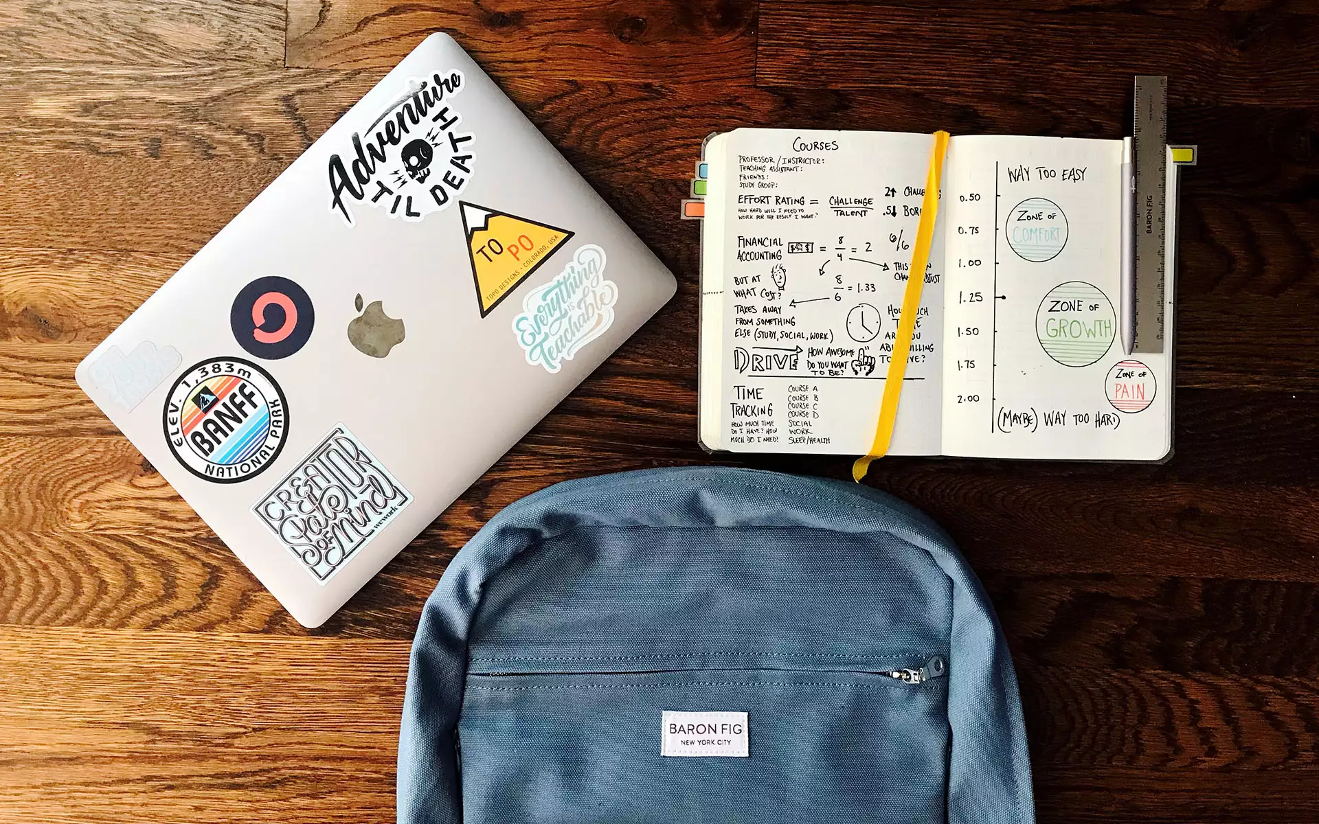 A laptop, a notebook and a backpack sitting on a wooden surface.
