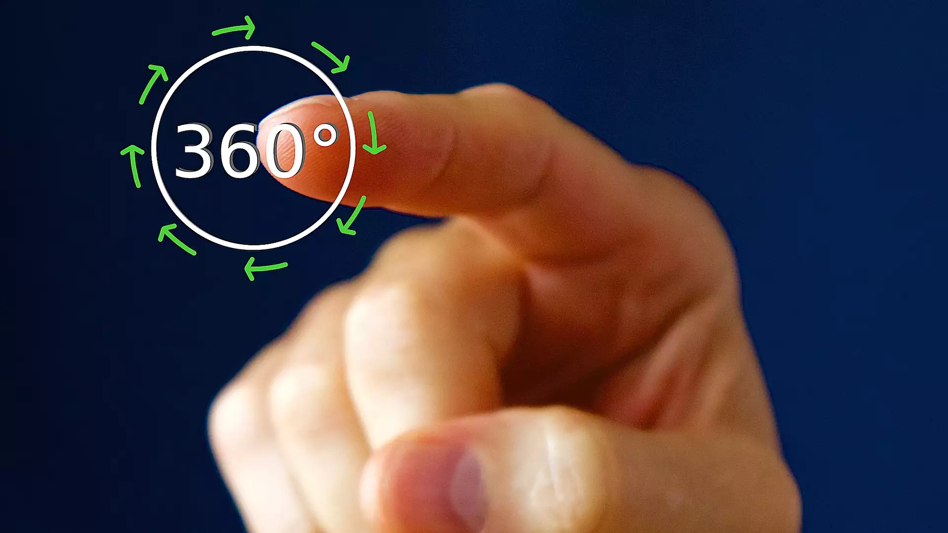 close up of a hand with the finger about to push a 360-degree perspective button