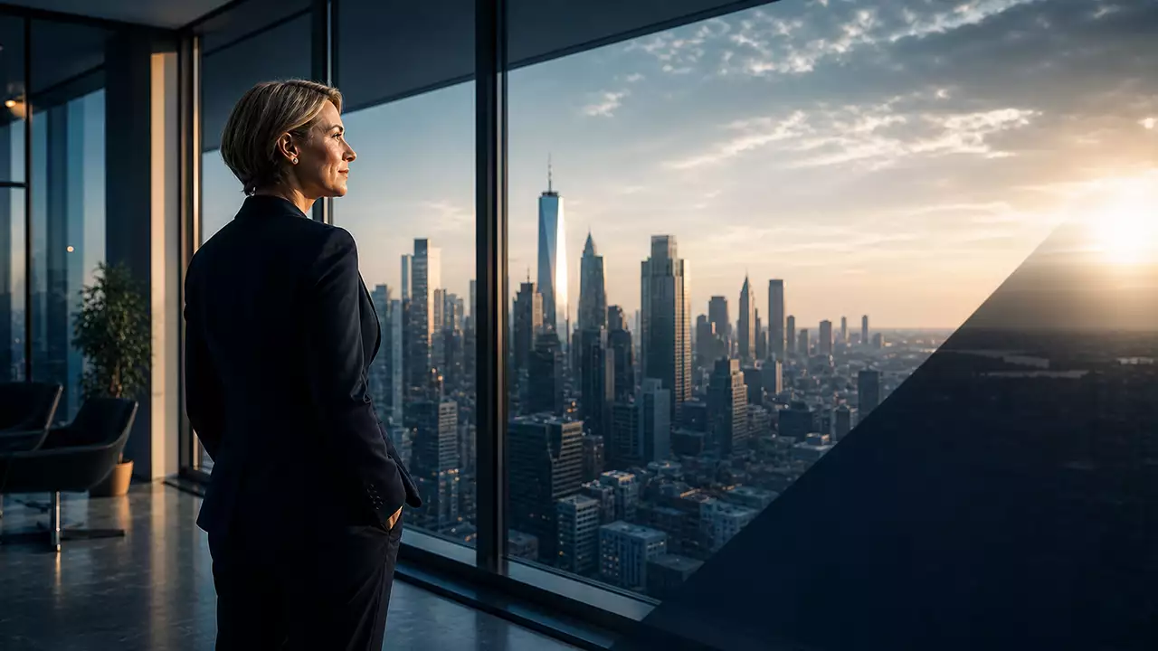 exectuive lookign out an office window at the horizon